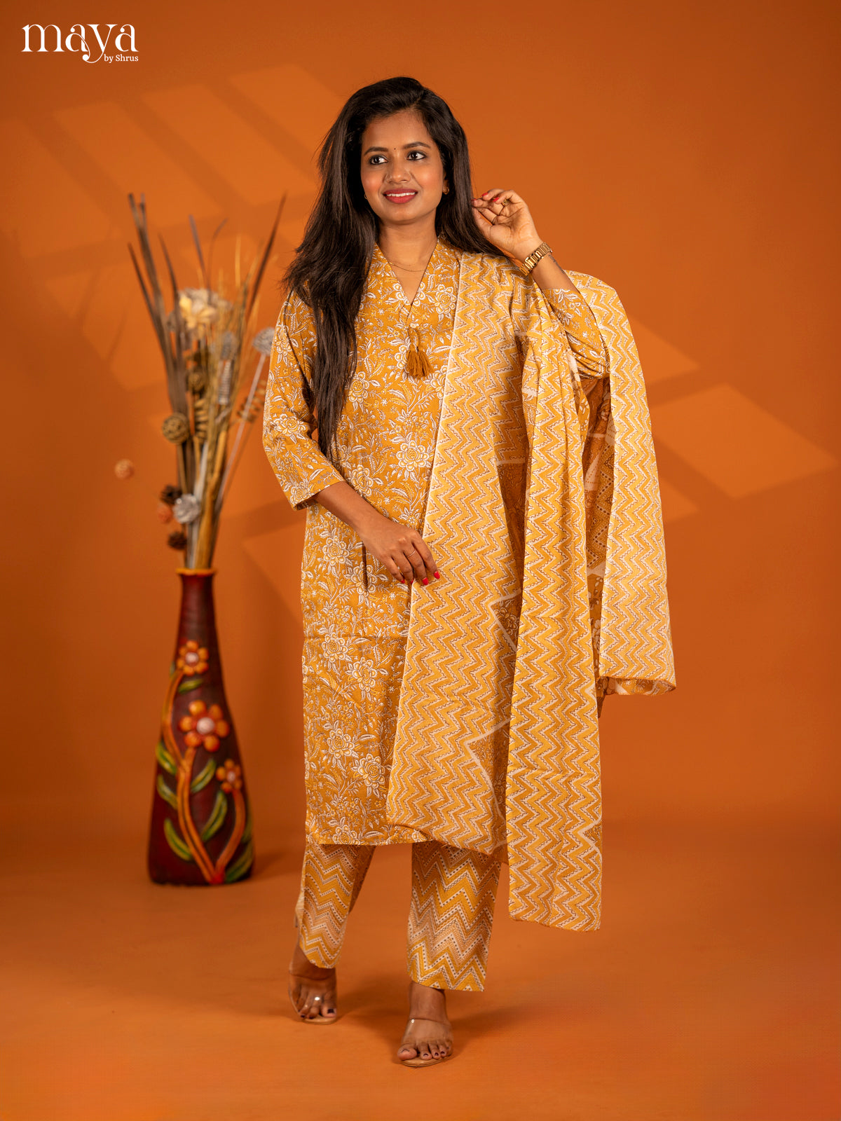 Mustrad Cotton 3pc Salwar Suit with Floral Print - Top, Botton & Dupatta