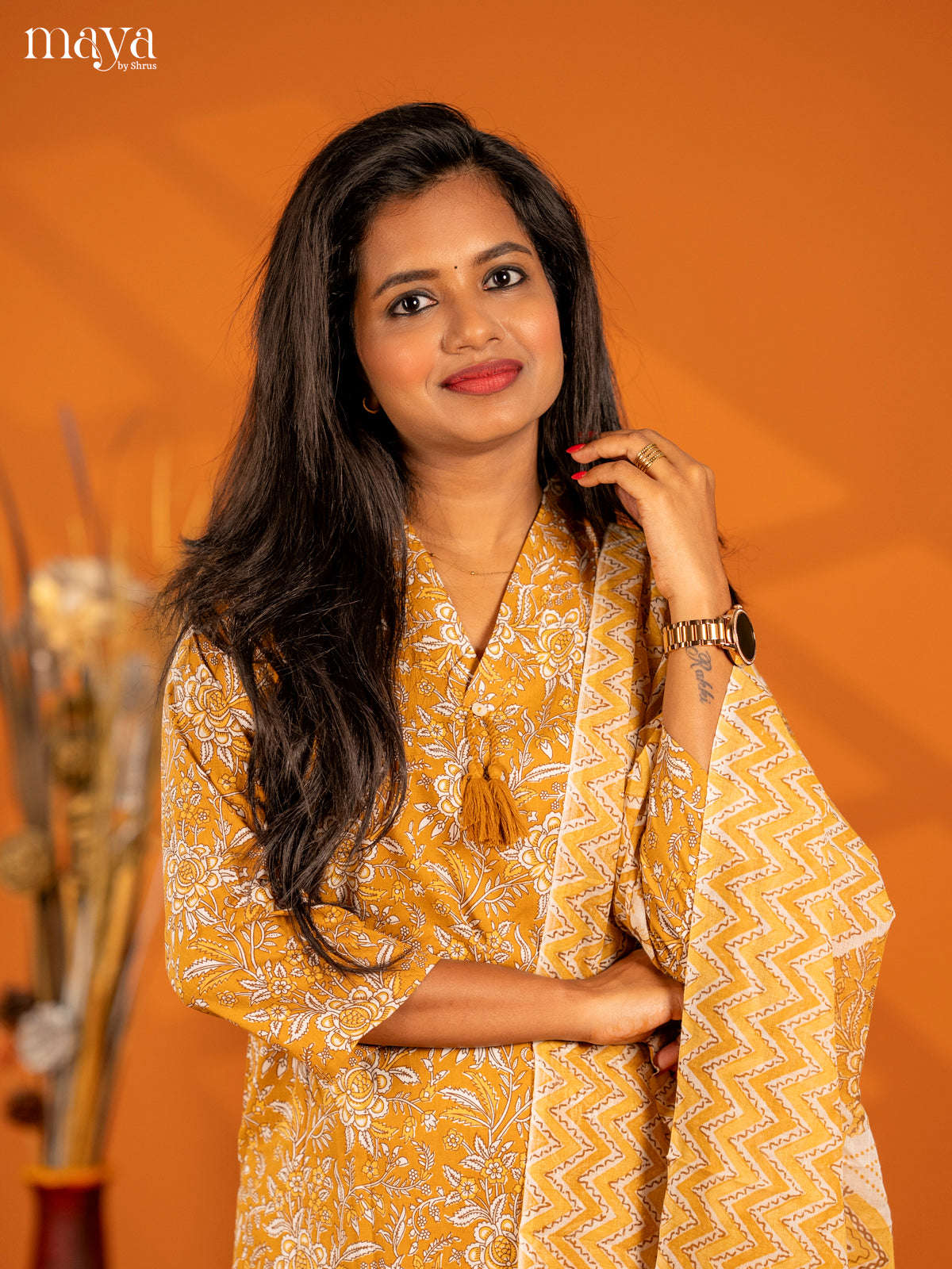 Mustrad Cotton 3pc Salwar Suit with Floral Print - Top, Botton & Dupatta