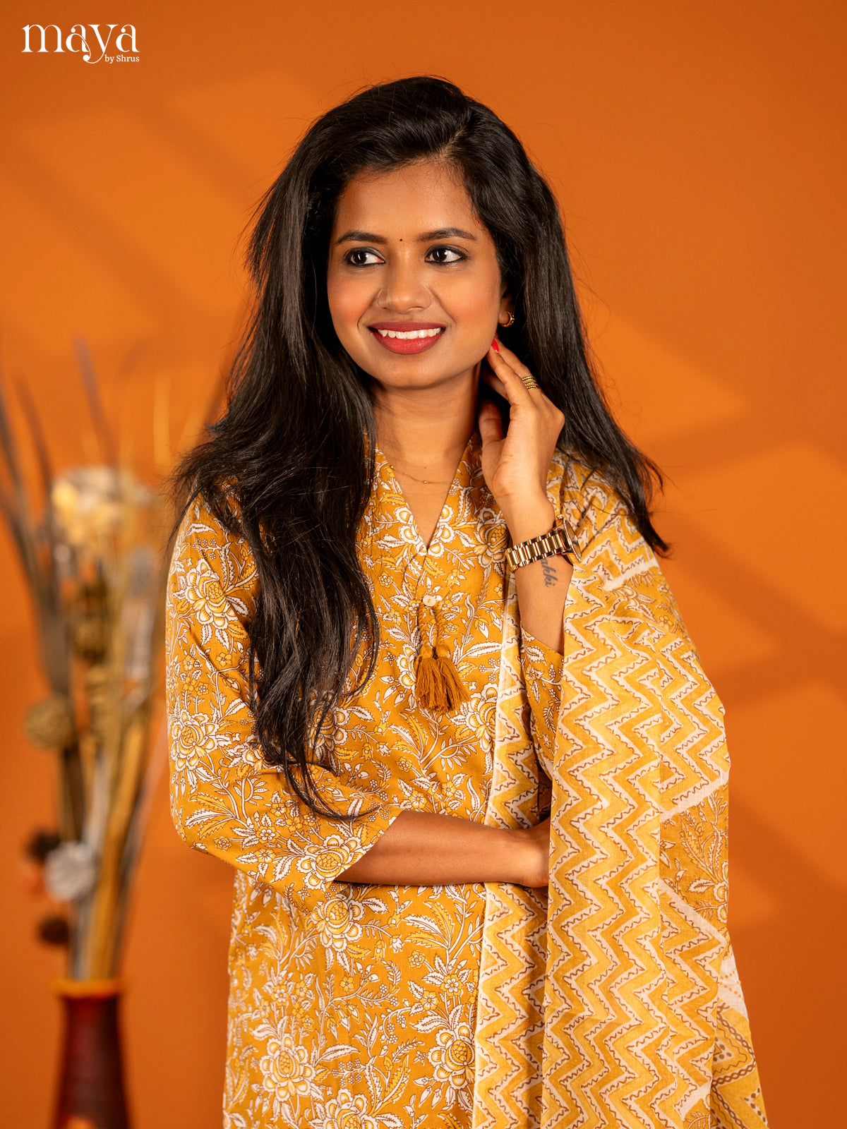 Mustrad Cotton 3pc Salwar Suit with Floral Print - Top, Botton & Dupatta