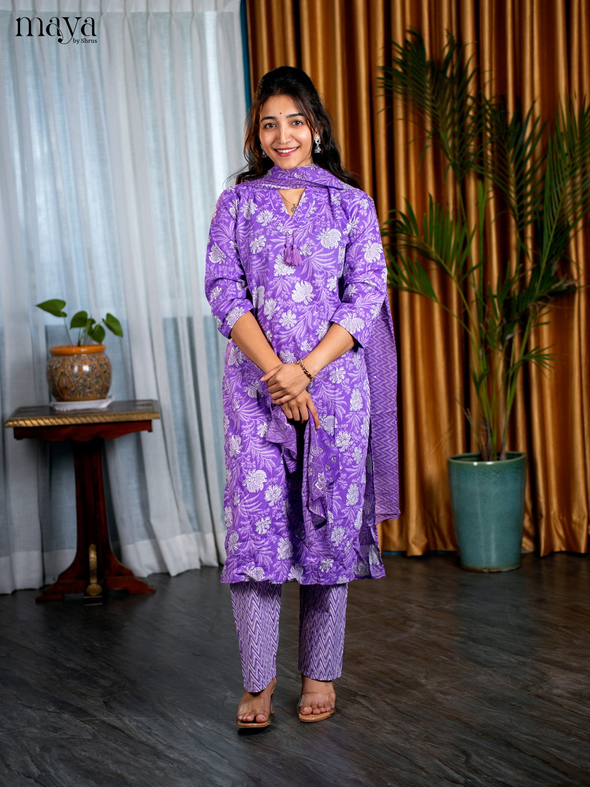 Purple Cotton 3pc Salwar Suit with Floral Print - Top, Bottom & Dupatta