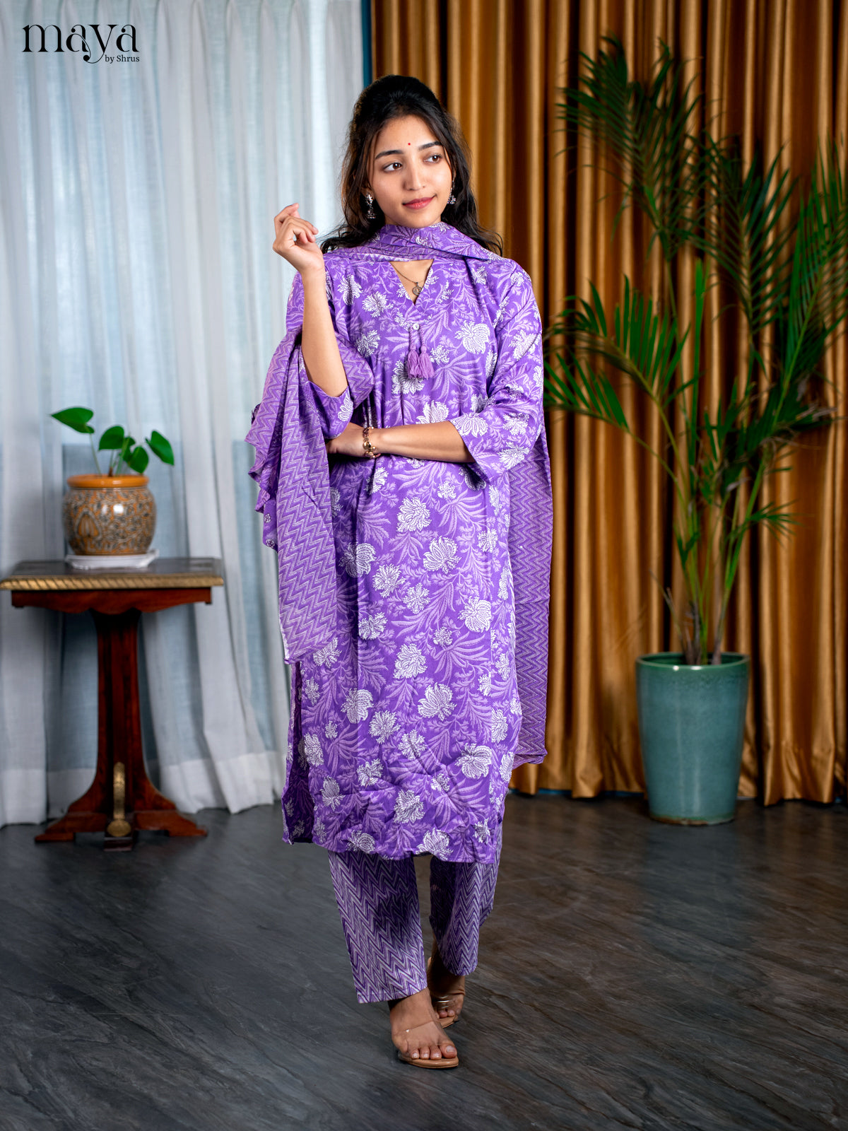 Purple Cotton 3pc Salwar Suit with Floral Print - Top, Bottom & Dupatta