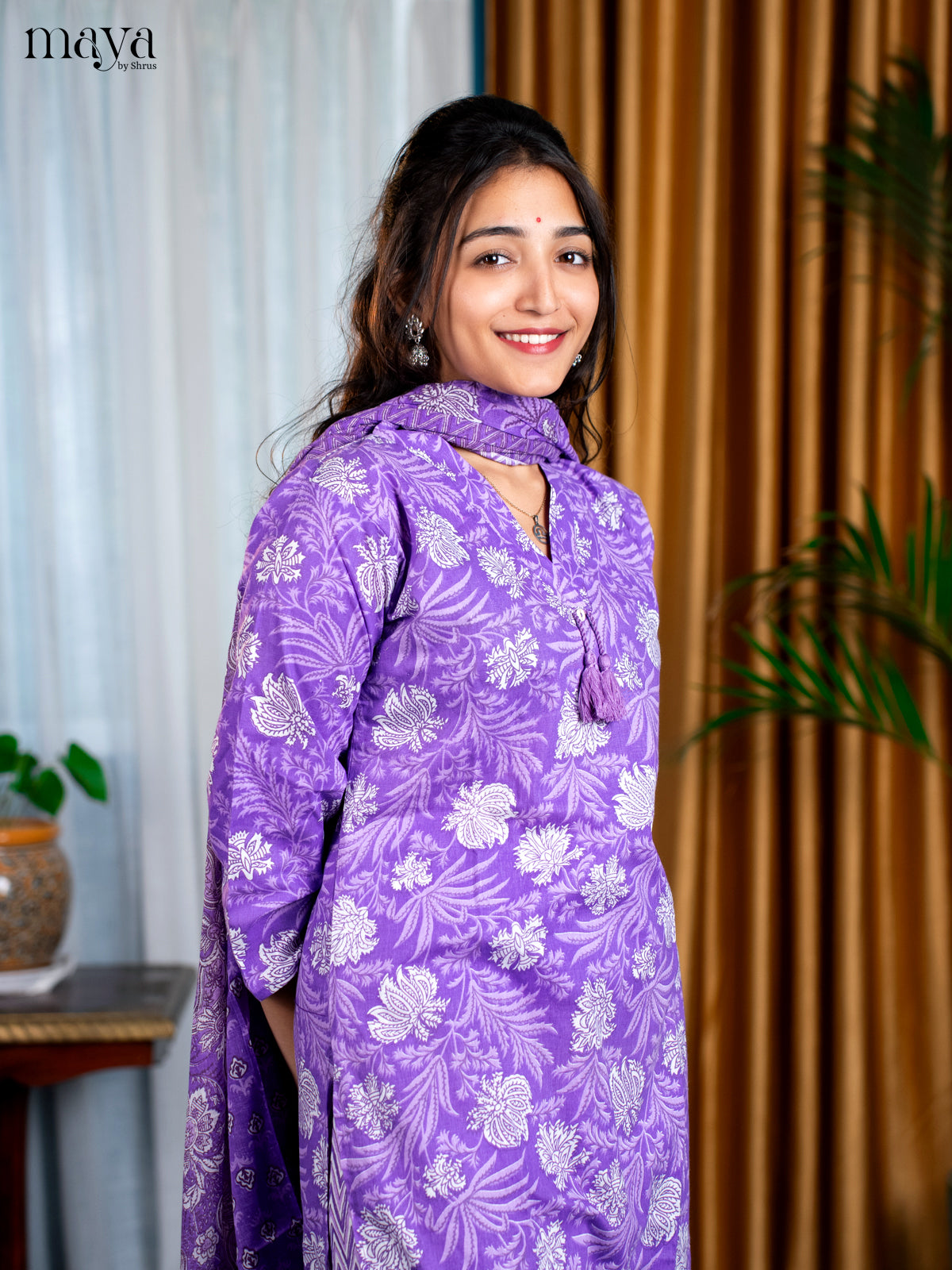 Purple Cotton 3pc Salwar Suit with Floral Print - Top, Bottom & Dupatta