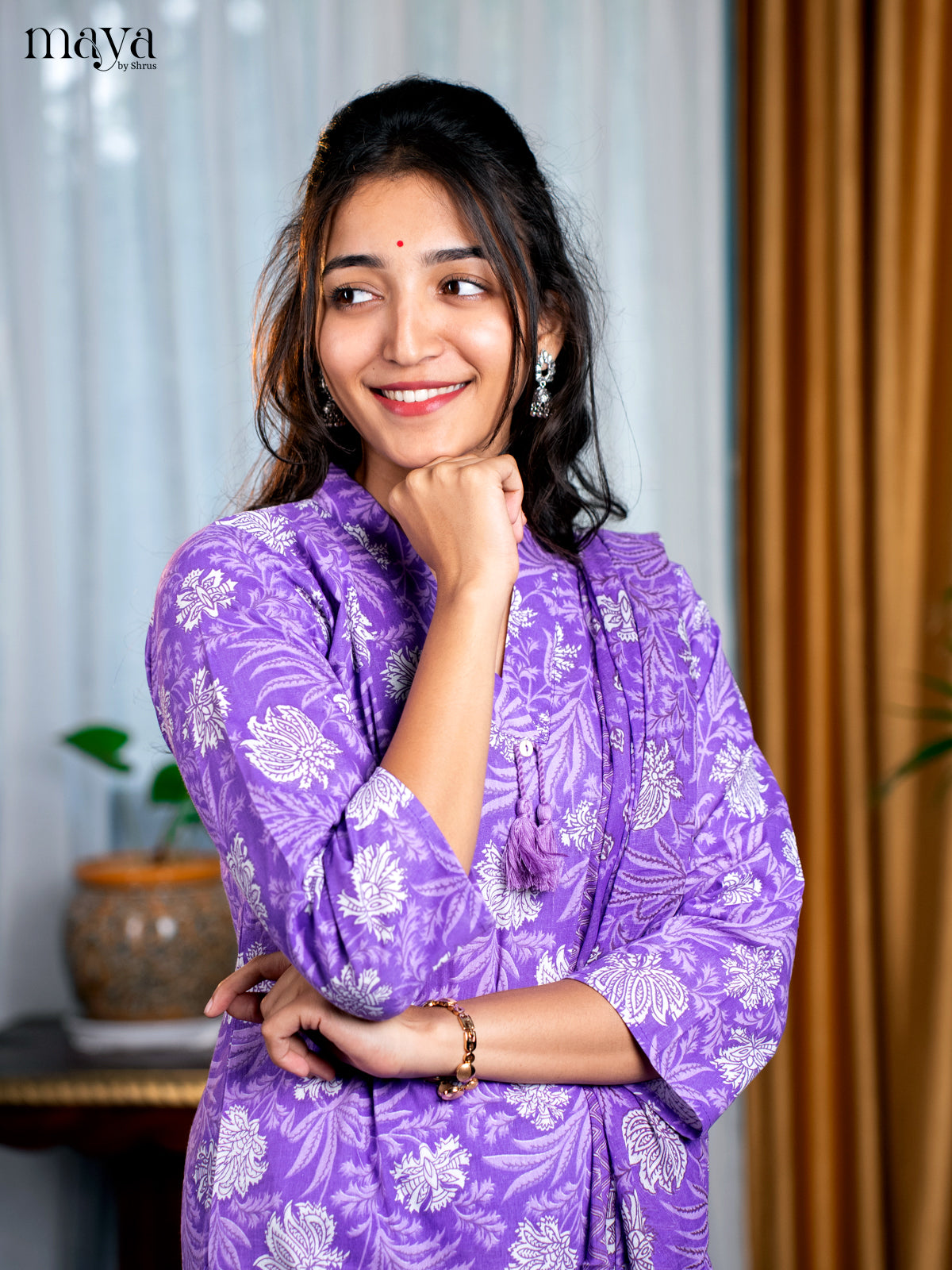 Purple Cotton 3pc Salwar Suit with Floral Print - Top, Bottom & Dupatta