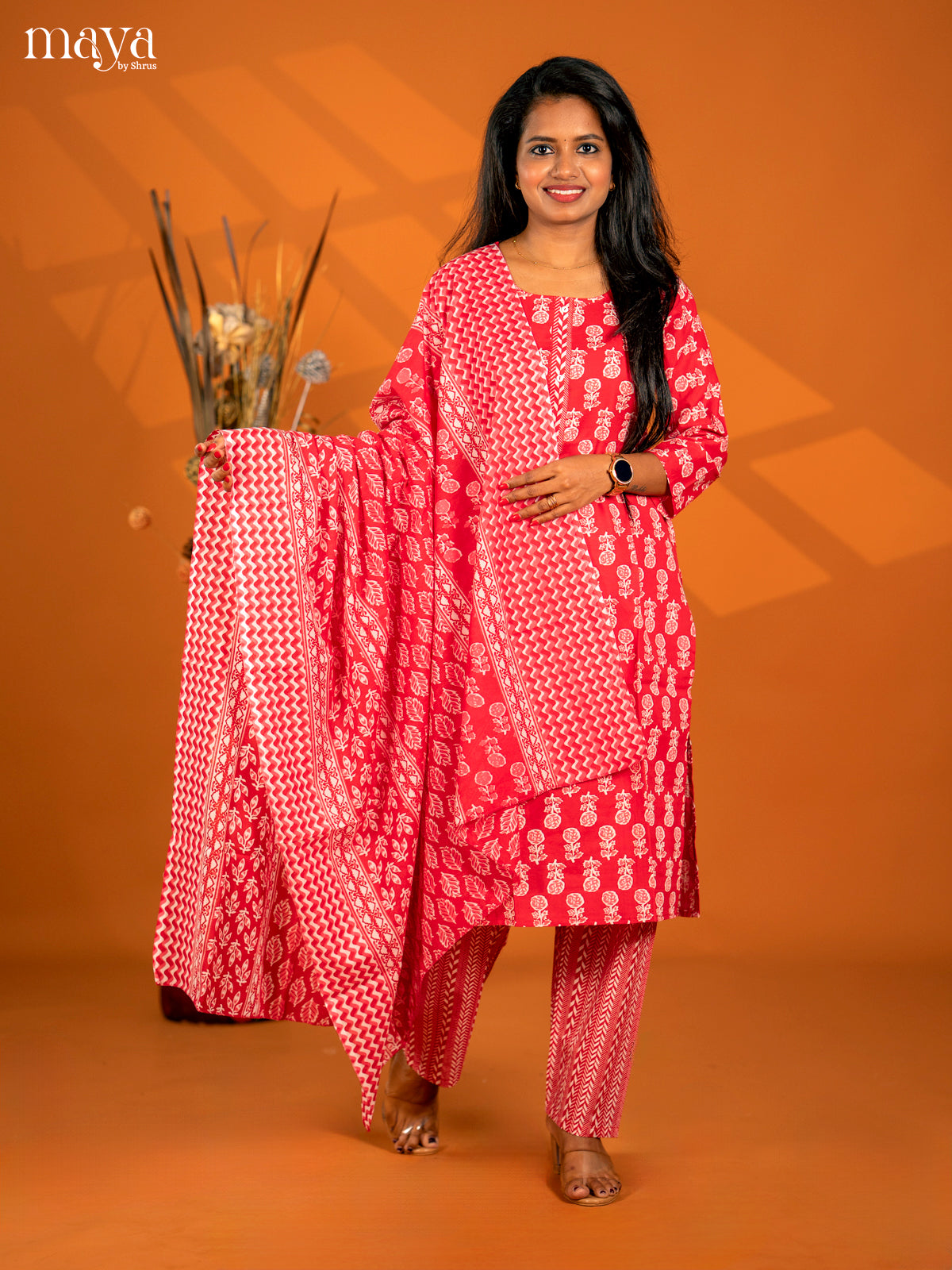 Red Cotton 3pc Salwar Suit with Floral Print - Top, Bottom & Dupatta