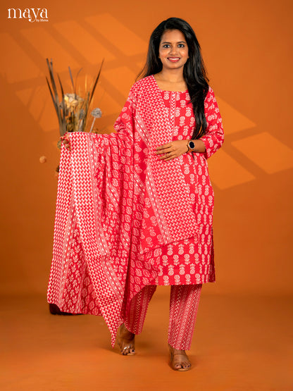 Red Cotton 3pc Salwar Suit with Floral Print - Top, Bottom & Dupatta