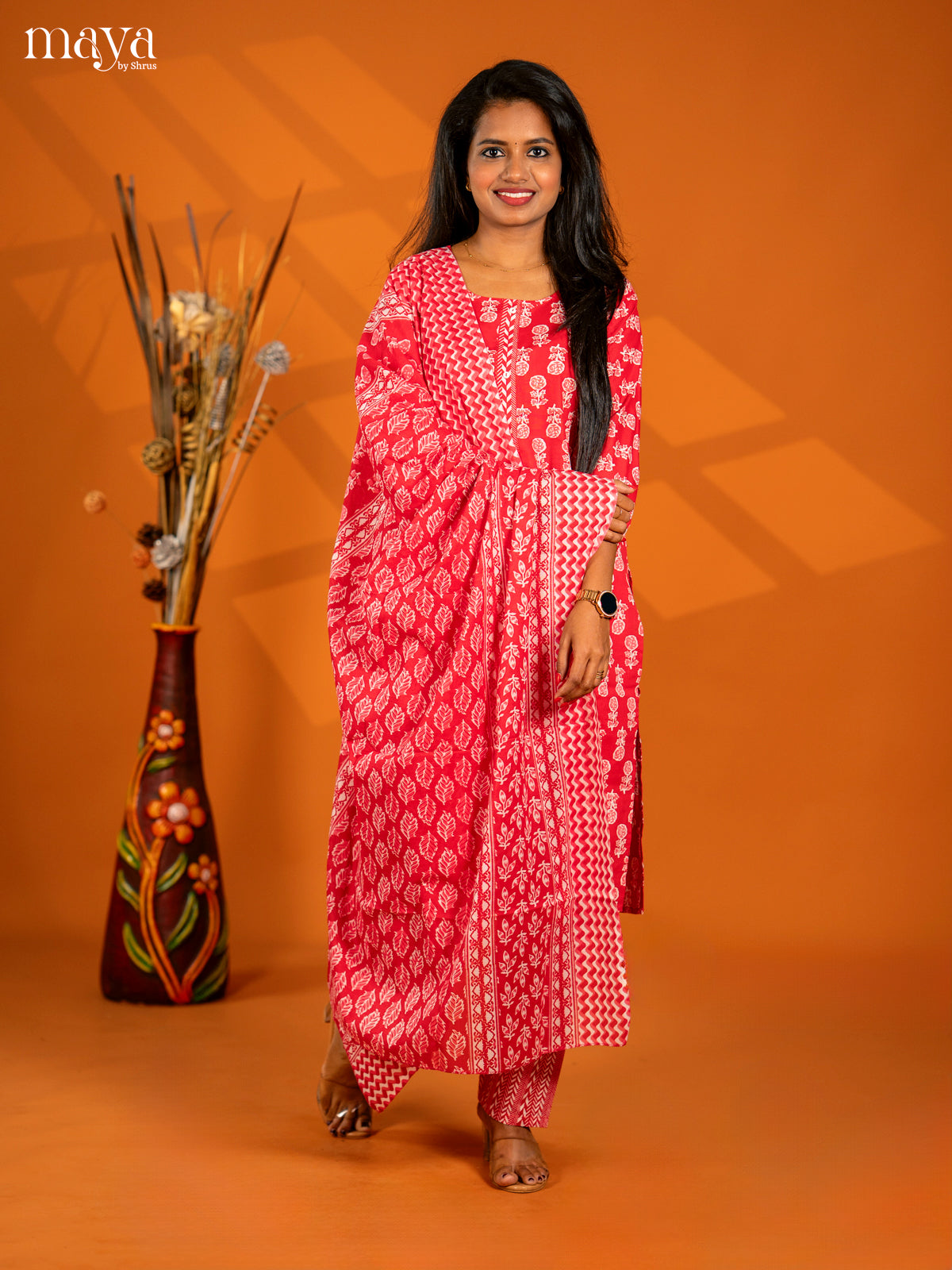 Red Cotton 3pc Salwar Suit with Floral Print - Top, Bottom & Dupatta