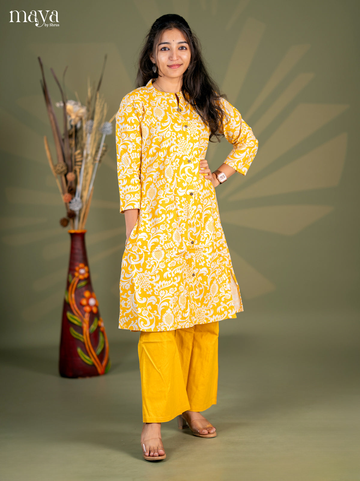 Mustard Yellow Cotton 2pc Floral Print Salwar Suit - Top & Bottom
