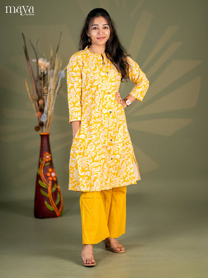 Mustard Yellow Cotton 2pc Floral Print Salwar Suit - Top & Bottom