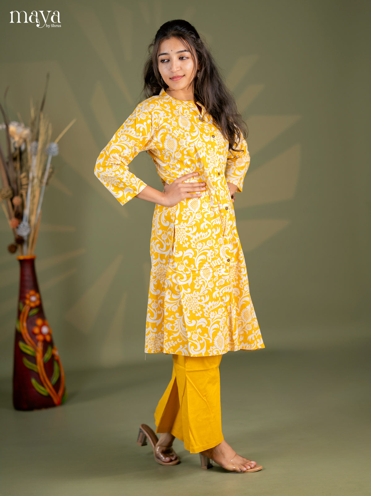 Mustard Yellow Cotton 2pc Floral Print Salwar Suit - Top & Bottom