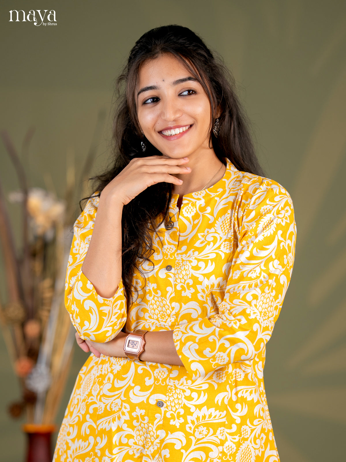 Mustard Yellow Cotton 2pc Floral Print Salwar Suit - Top & Bottom