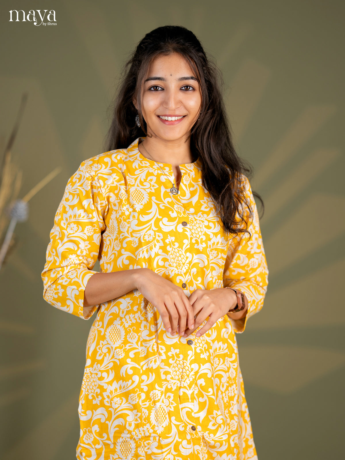 Mustard Yellow Cotton 2pc Floral Print Salwar Suit - Top & Bottom