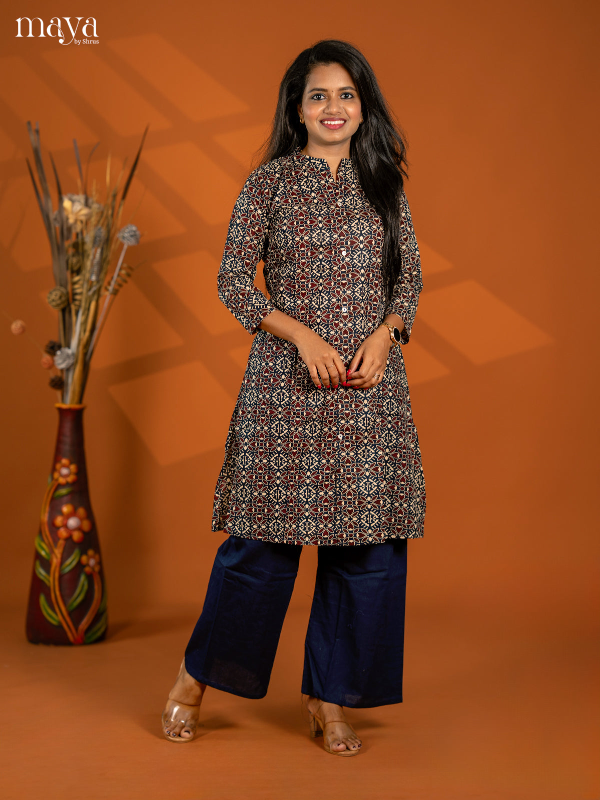 Black with Maroon Cotton 2pc Printed Salwar Suit - Top & Bottom