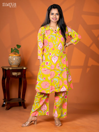 Light Green Cotton 2pc Floral Print Salwar Suit - Top & Bottom