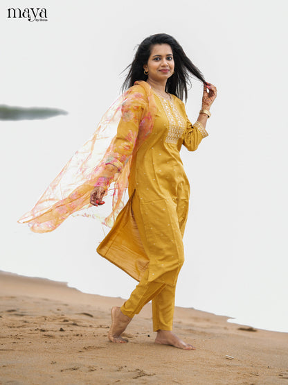 Mustrad Slub Cotton 3pc Salwar Suit with Sequins Floral work - Top, Bottom & Dupatta