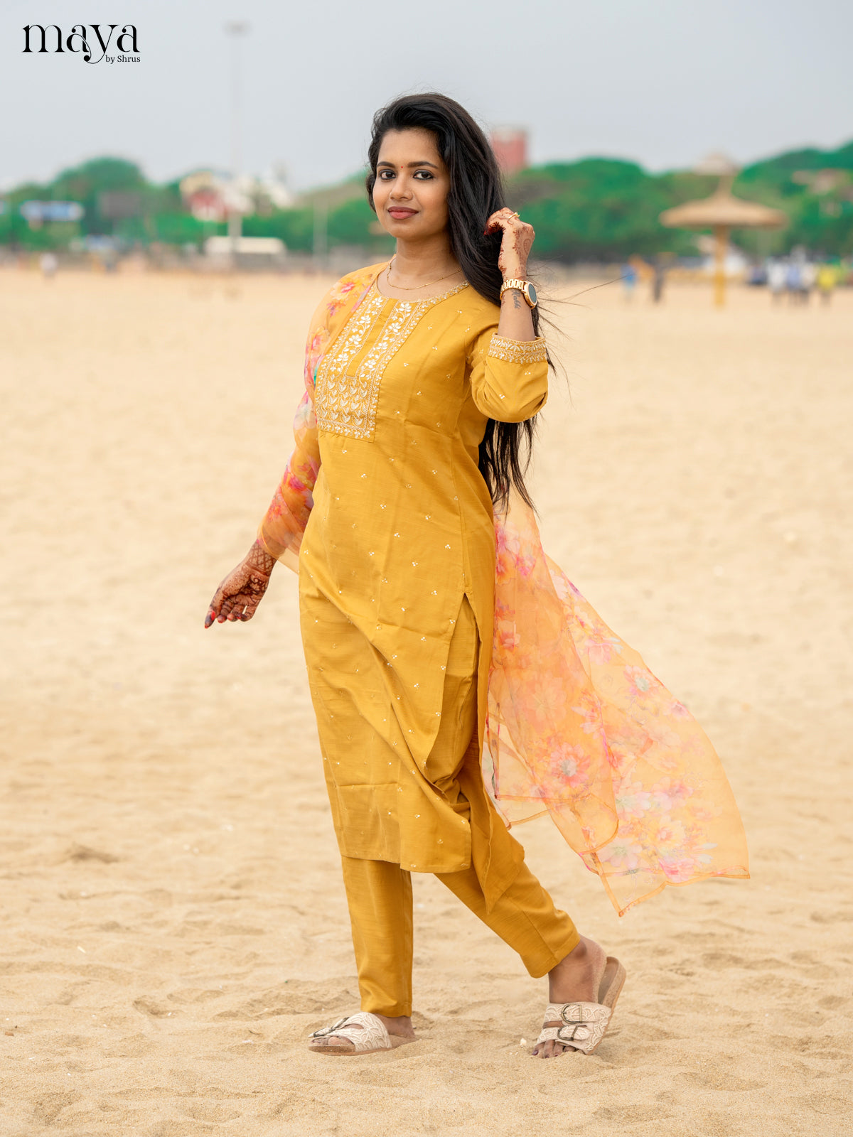 Mustrad Slub Cotton 3pc Salwar Suit with Sequins Floral work - Top, Bottom & Dupatta