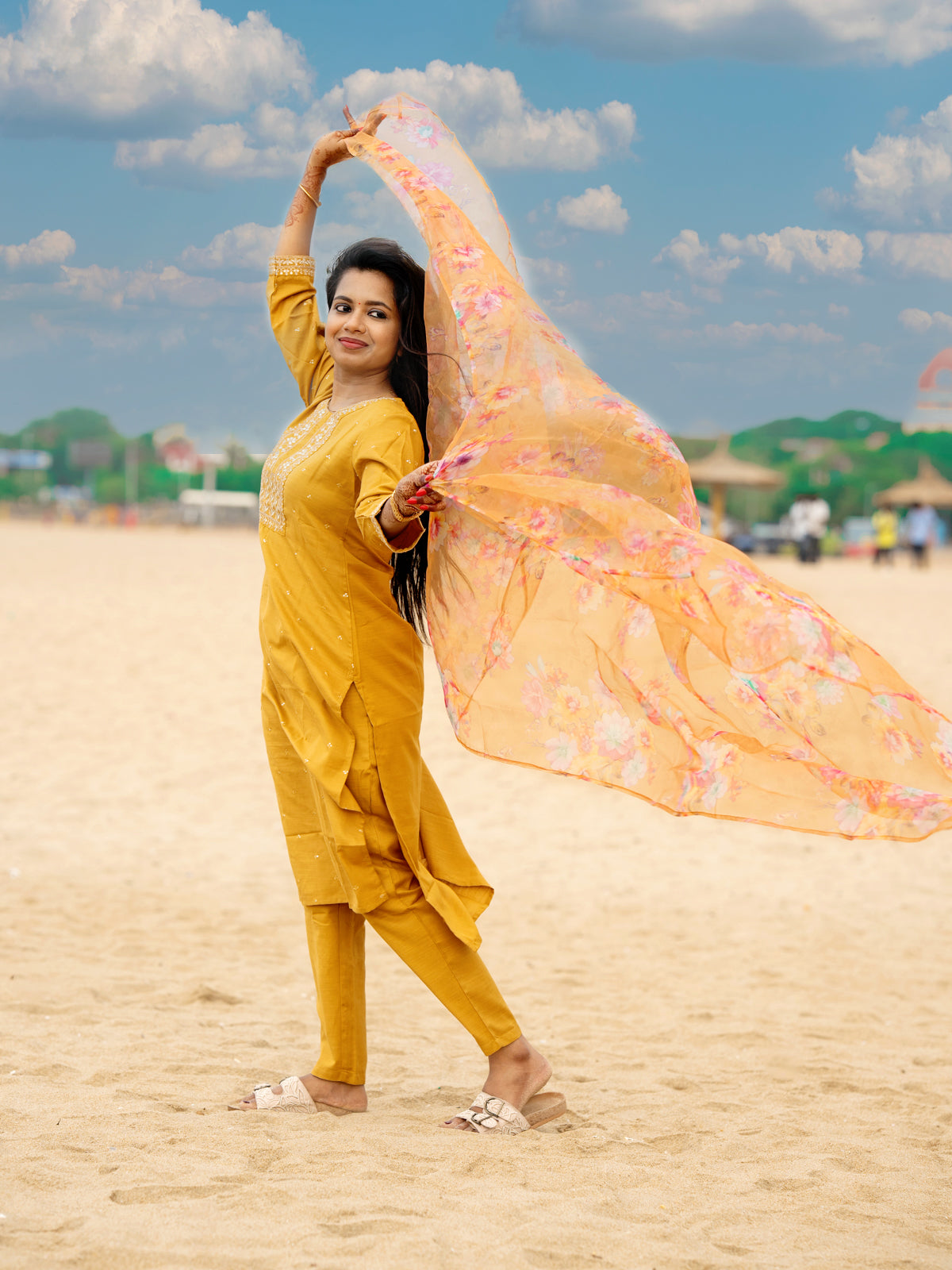 Mustrad Slub Cotton 3pc Salwar Suit with Sequins Floral work - Top, Bottom & Dupatta