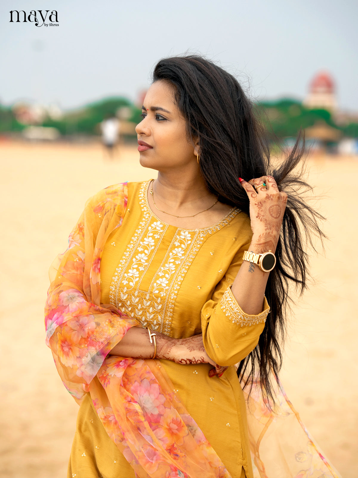 Mustrad Slub Cotton 3pc Salwar Suit with Sequins Floral work - Top, Bottom & Dupatta