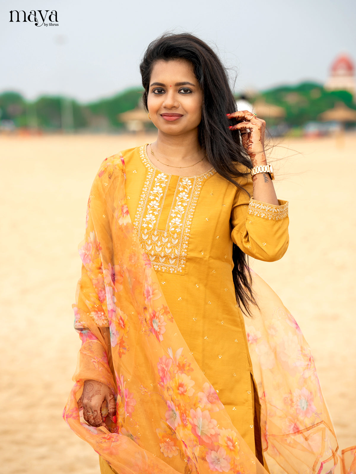 Mustrad Slub Cotton 3pc Salwar Suit with Sequins Floral work - Top, Bottom & Dupatta