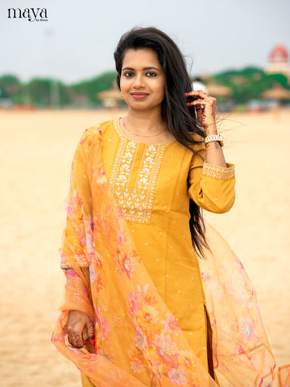 Mustrad Slub Cotton 3pc Salwar Suit with Sequins Floral work - Top, Bottom & Dupatta