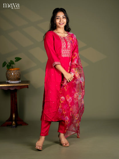 Pink Slub Cotton 3pc Salwar Suit Sequins with Floral work - Top, Bottom & Dupatta
