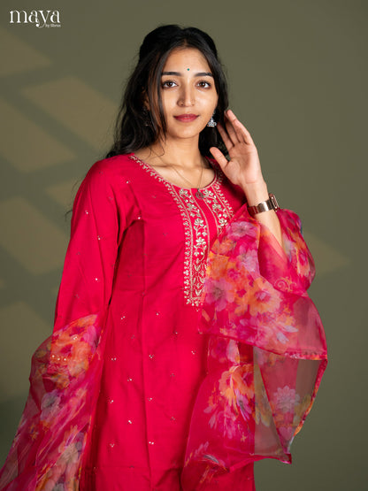 Pink Slub Cotton 3pc Salwar Suit Sequins with Floral work - Top, Bottom & Dupatta