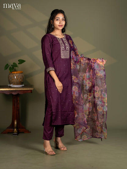 Maroon Slub Cotton 3pc Salwa Suit with Sequins Floral work - Top, Bottom & Dupatta