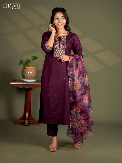 Maroon Slub Cotton 3pc Salwa Suit with Sequins Floral work - Top, Bottom & Dupatta