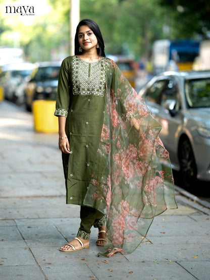 Olive Green Slub Cotton 3pc Salwar Suit with Sequins Floral work - Top, Bottom & Dupatta