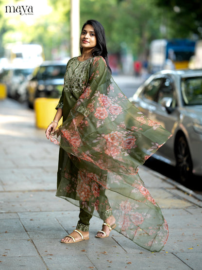 Olive Green Slub Cotton 3pc Salwar Suit with Sequins Floral work - Top, Bottom & Dupatta