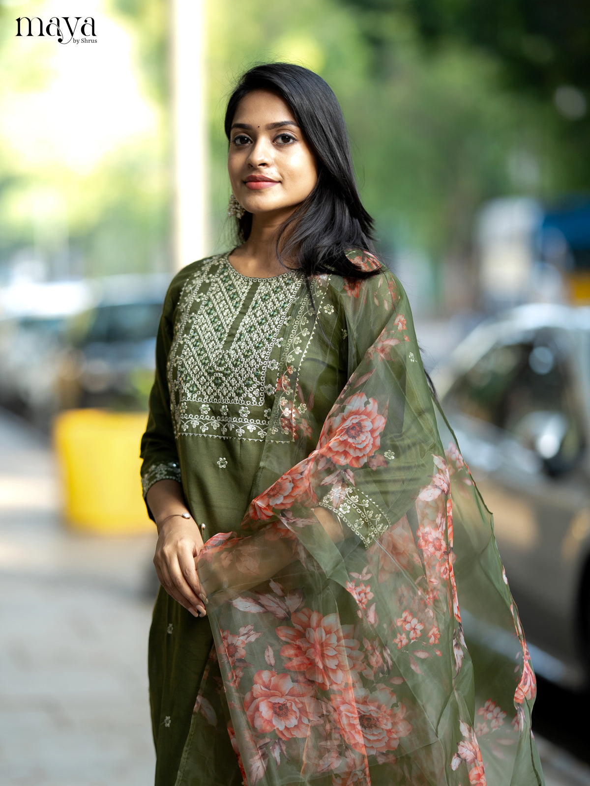 Olive Green Slub Cotton 3pc Salwar Suit with Sequins Floral work - Top, Bottom & Dupatta