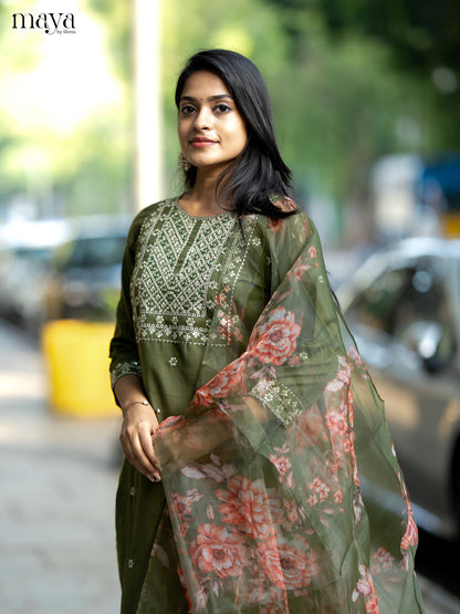 Olive Green Slub Cotton 3pc Salwar Suit with Sequins Floral work - Top, Bottom & Dupatta