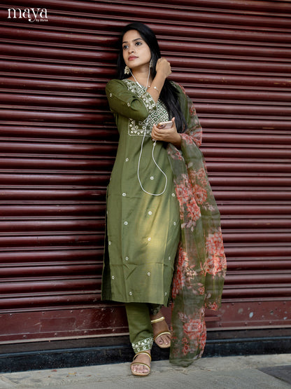 Olive Green Slub Cotton 3pc Salwar Suit with Sequins Floral work - Top, Bottom & Dupatta