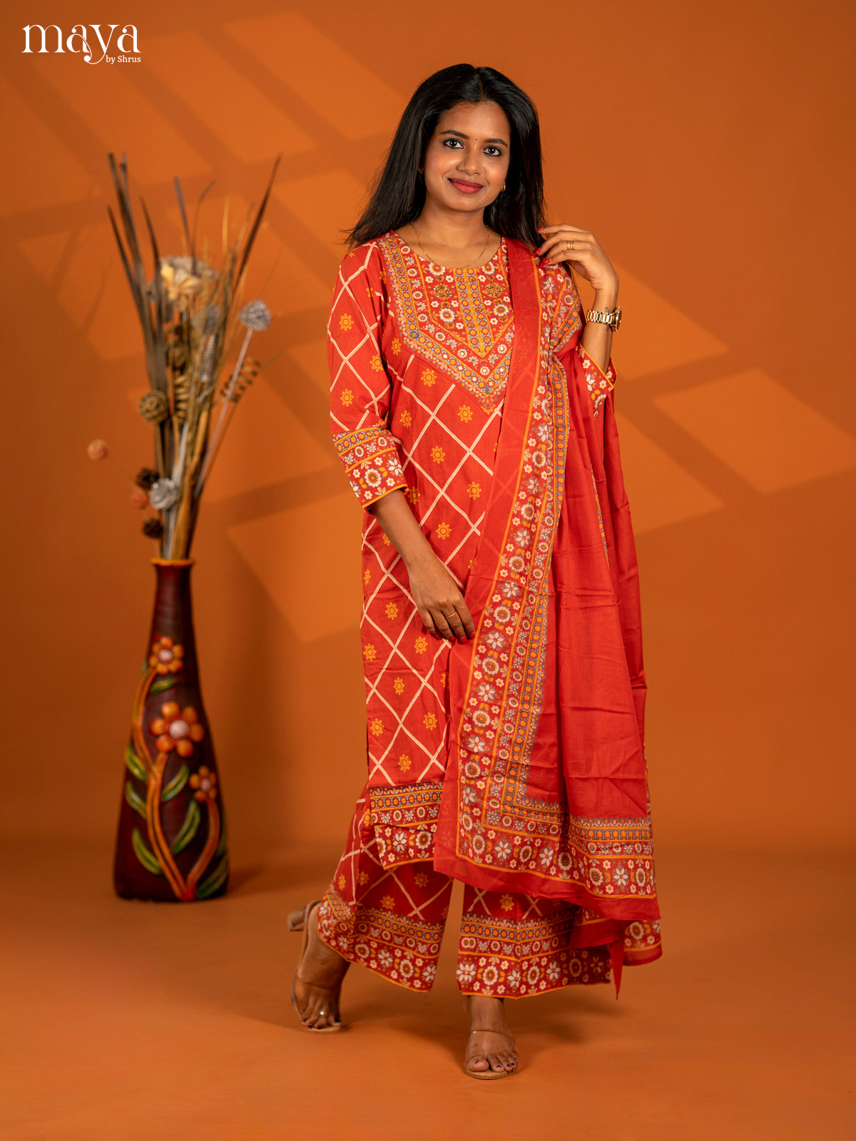 Rust Cotton 3pc Salwar Suit with Printed - Top, Bottom & Dupatta