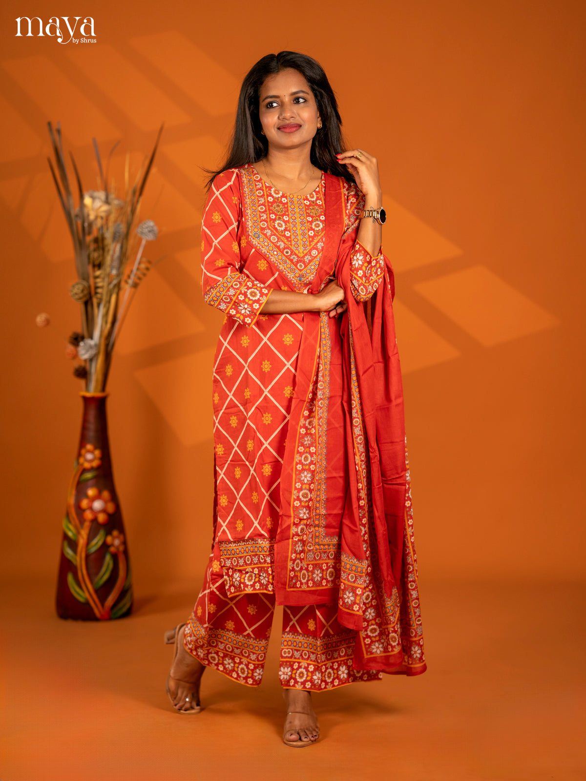 Rust Cotton 3pc Salwar Suit with Printed - Top, Bottom & Dupatta
