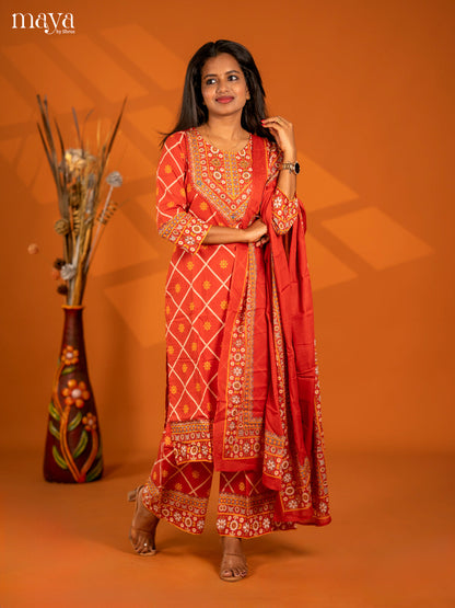 Rust Cotton 3pc Salwar Suit with Printed - Top, Bottom & Dupatta