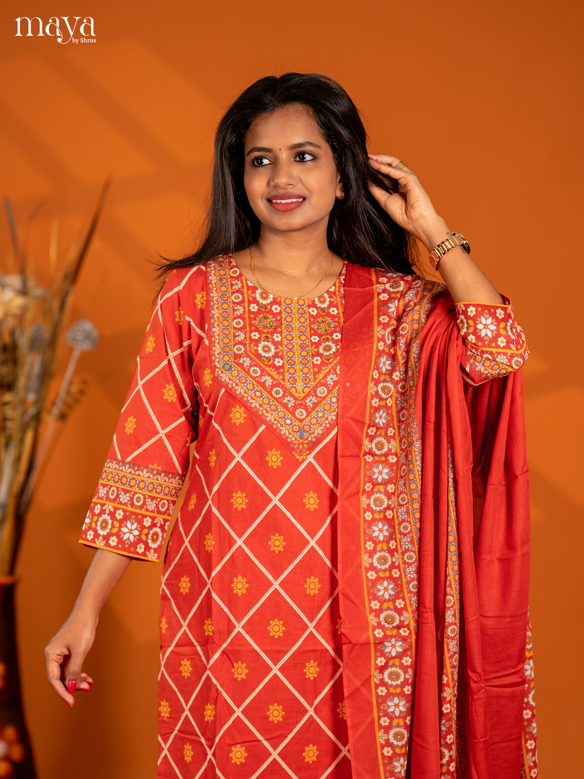 Rust Cotton 3pc Salwar Suit with Printed - Top, Bottom & Dupatta