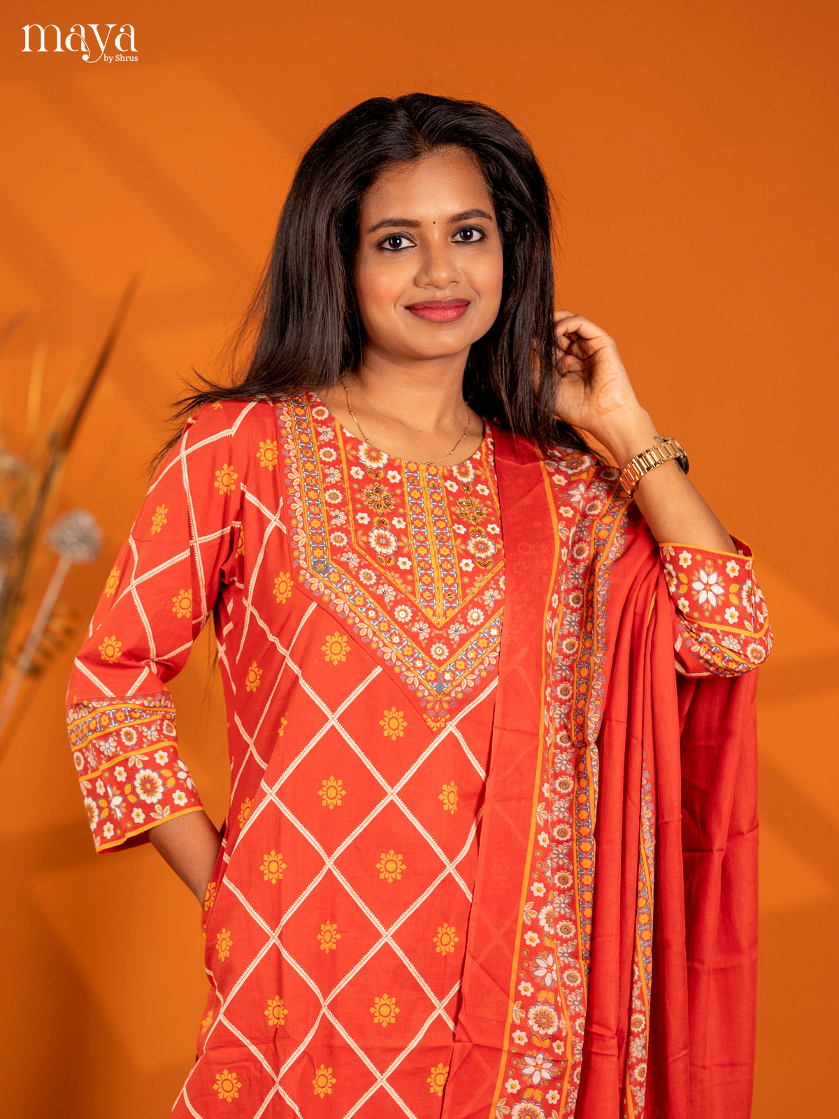 Rust Cotton 3pc Salwar Suit with Printed - Top, Bottom & Dupatta