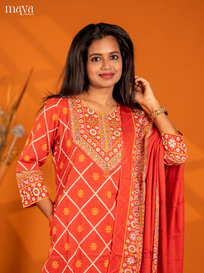 Rust Cotton 3pc Salwar Suit with Printed - Top, Bottom & Dupatta