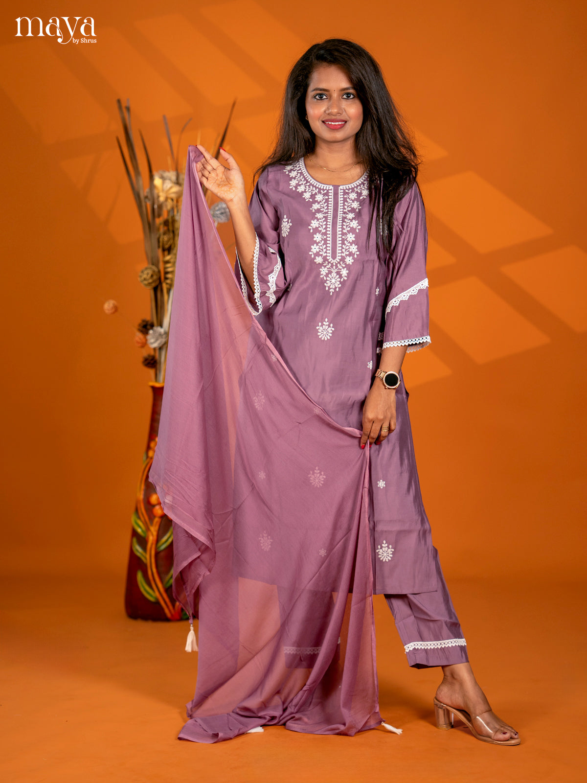 Embroidered Rayon 3pc peach onion pink Salwar Suit - Top, Bottom & Dupatta
