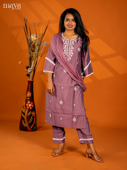 Embroidered Rayon 3pc peach onion pink Salwar Suit - Top, Bottom & Dupatta