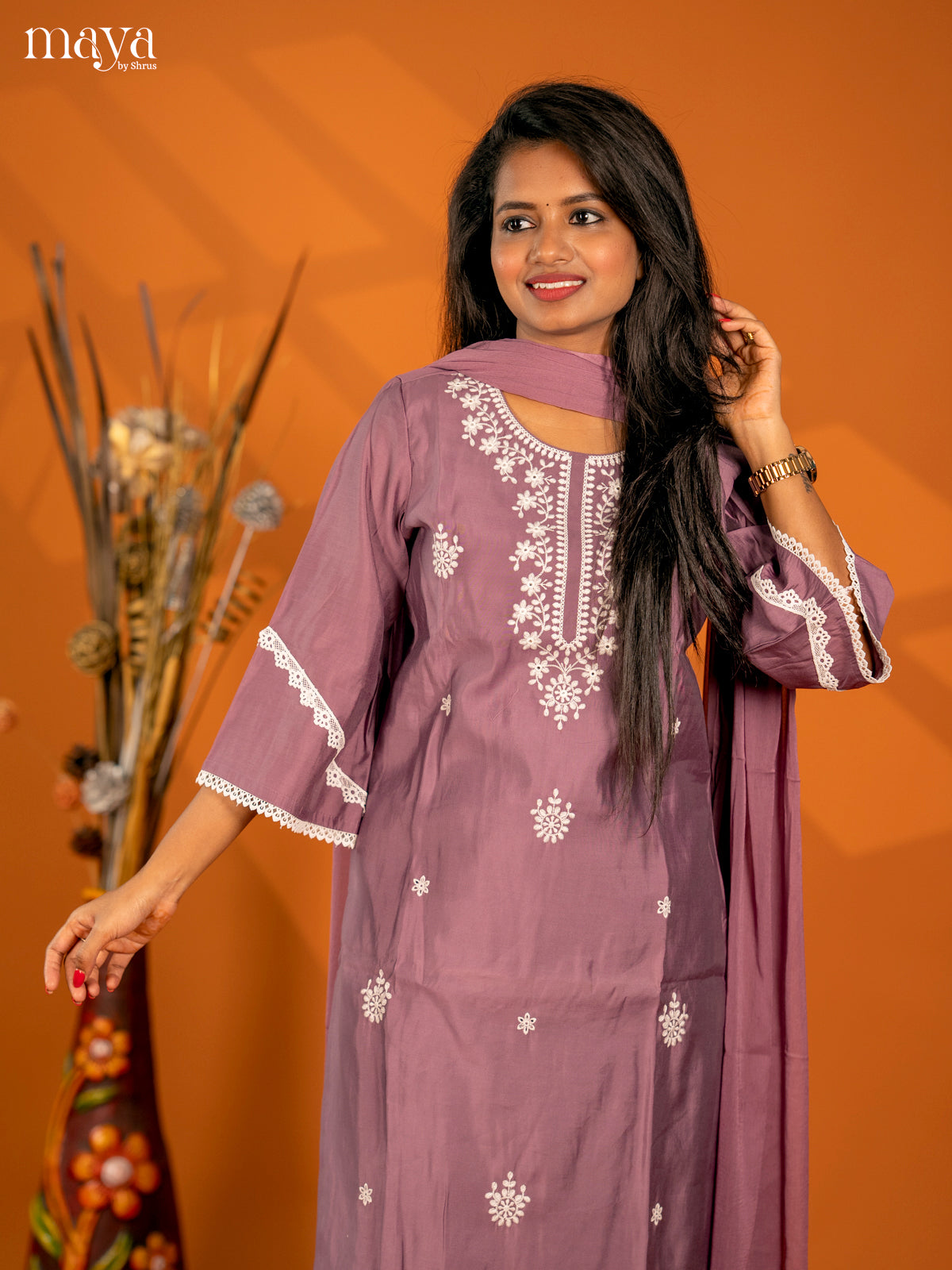 Embroidered Rayon 3pc peach onion pink Salwar Suit - Top, Bottom & Dupatta