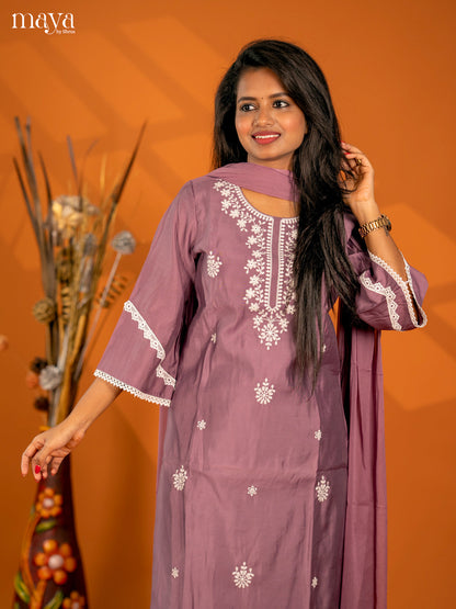 Embroidered Rayon 3pc peach onion pink Salwar Suit - Top, Bottom & Dupatta