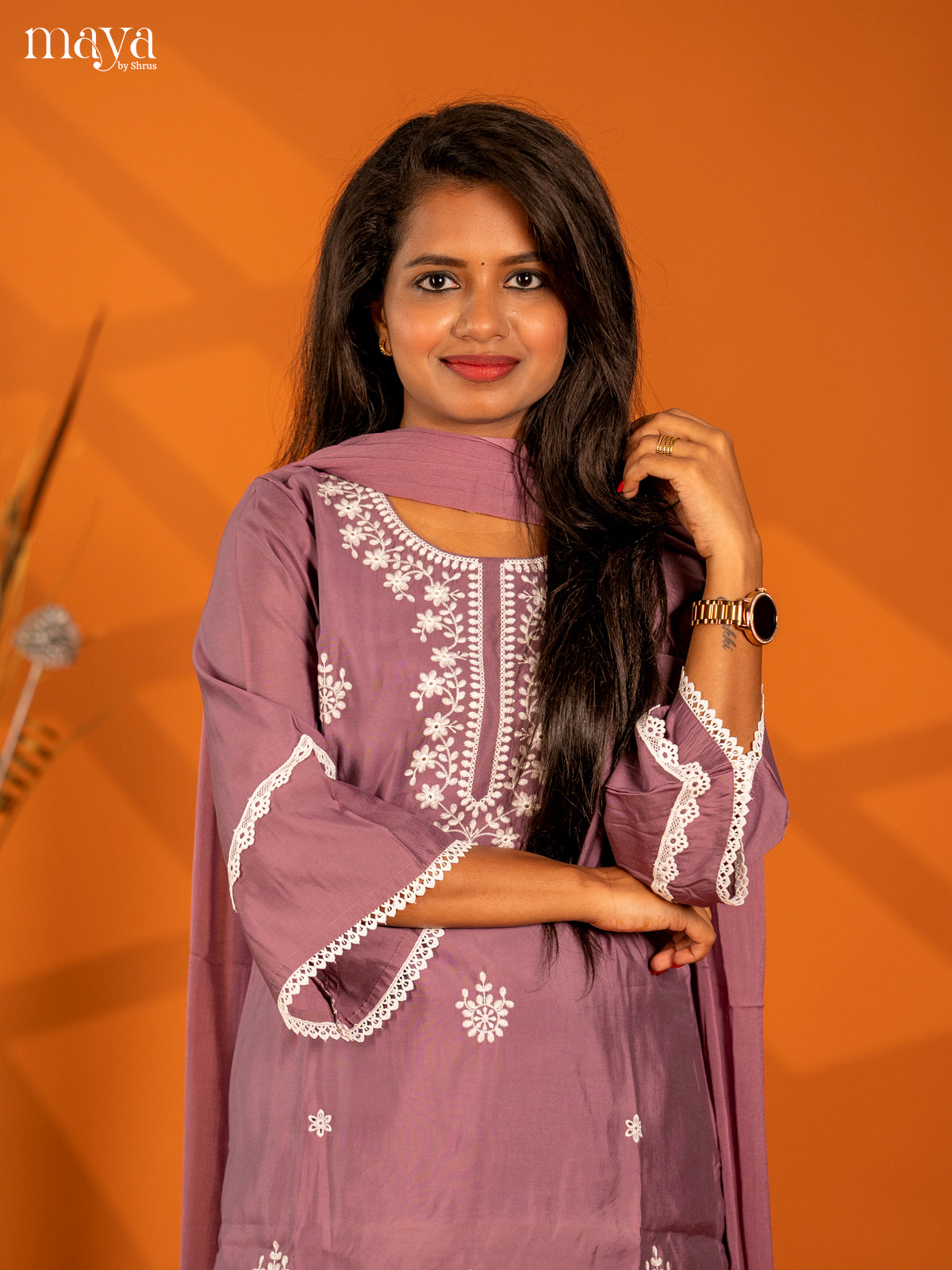 Embroidered Rayon 3pc peach onion pink Salwar Suit - Top, Bottom & Dupatta