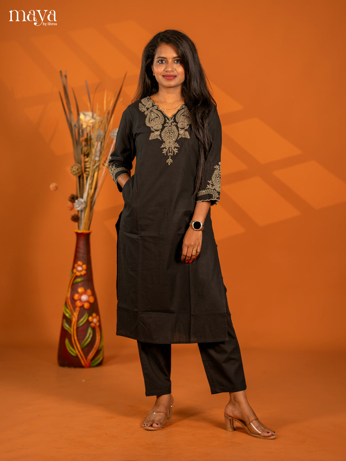 Embroidered Rayon 3pc peach Black Salwar Suit - Top, Bottom & Dupatta