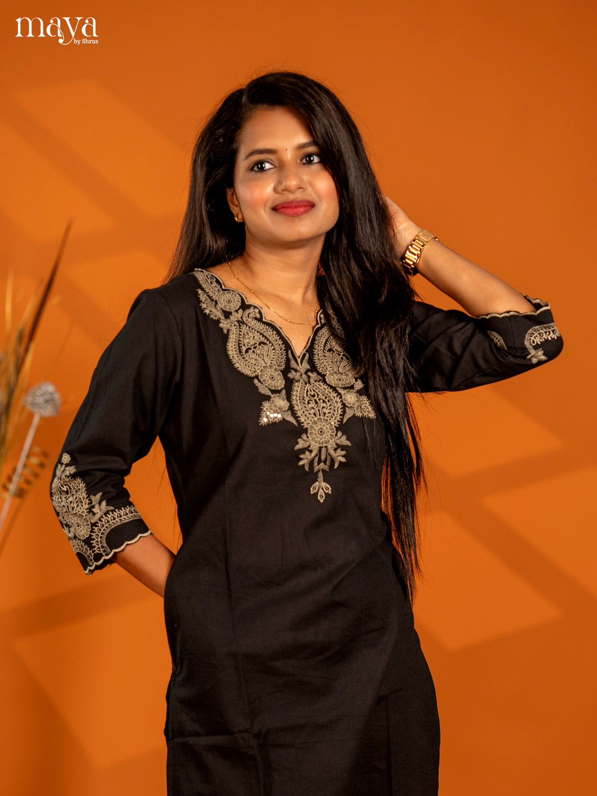 Embroidered Rayon 3pc peach Black Salwar Suit - Top, Bottom & Dupatta