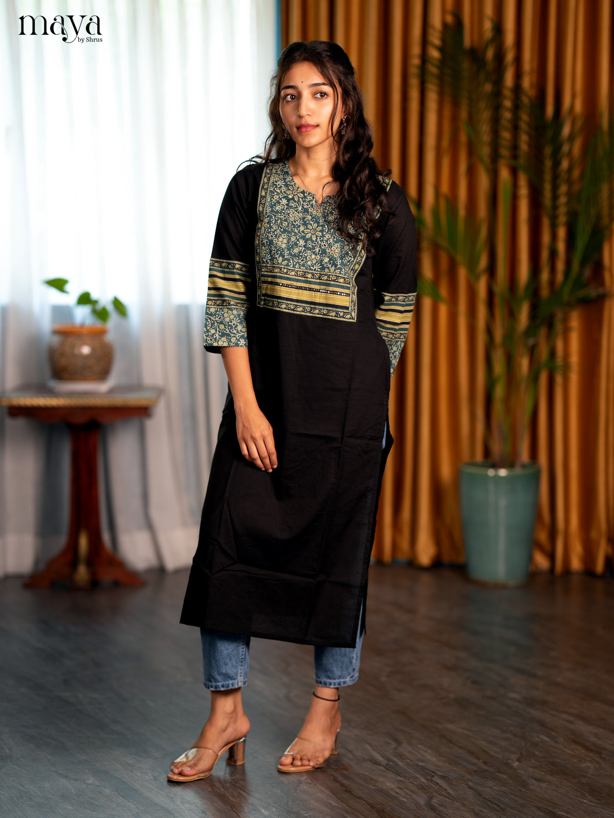 Black with Peacock Blue Floral Printed Cotton Straight Kurti
