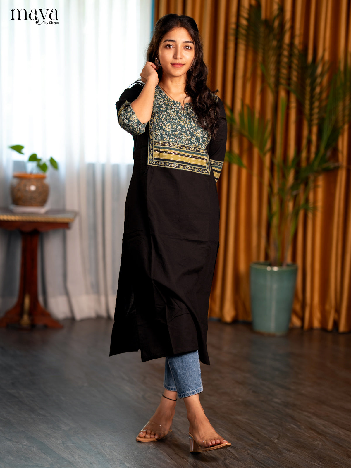 Black with Peacock Blue Floral Printed Cotton Straight Kurti