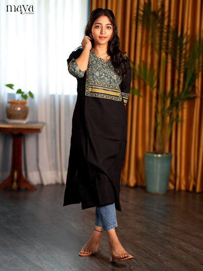 Black with Peacock Blue Floral Printed Cotton Straight Kurti