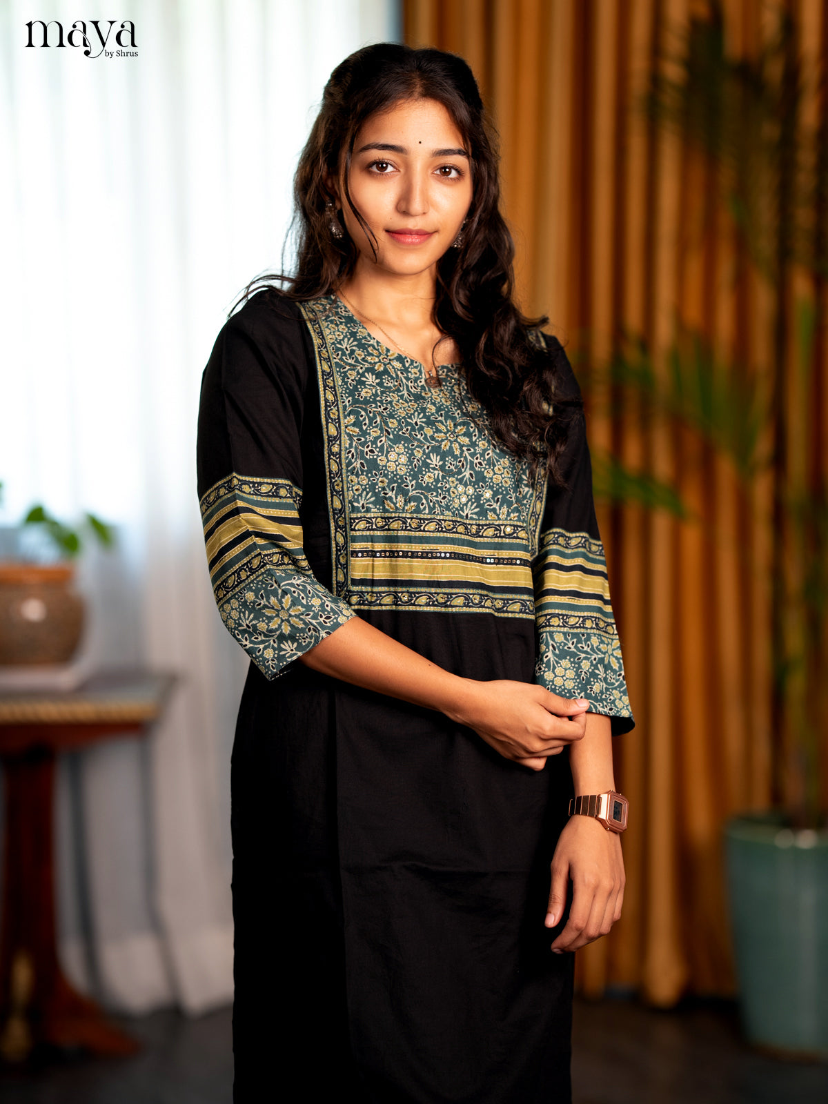 Black with Peacock Blue Floral Printed Cotton Straight Kurti