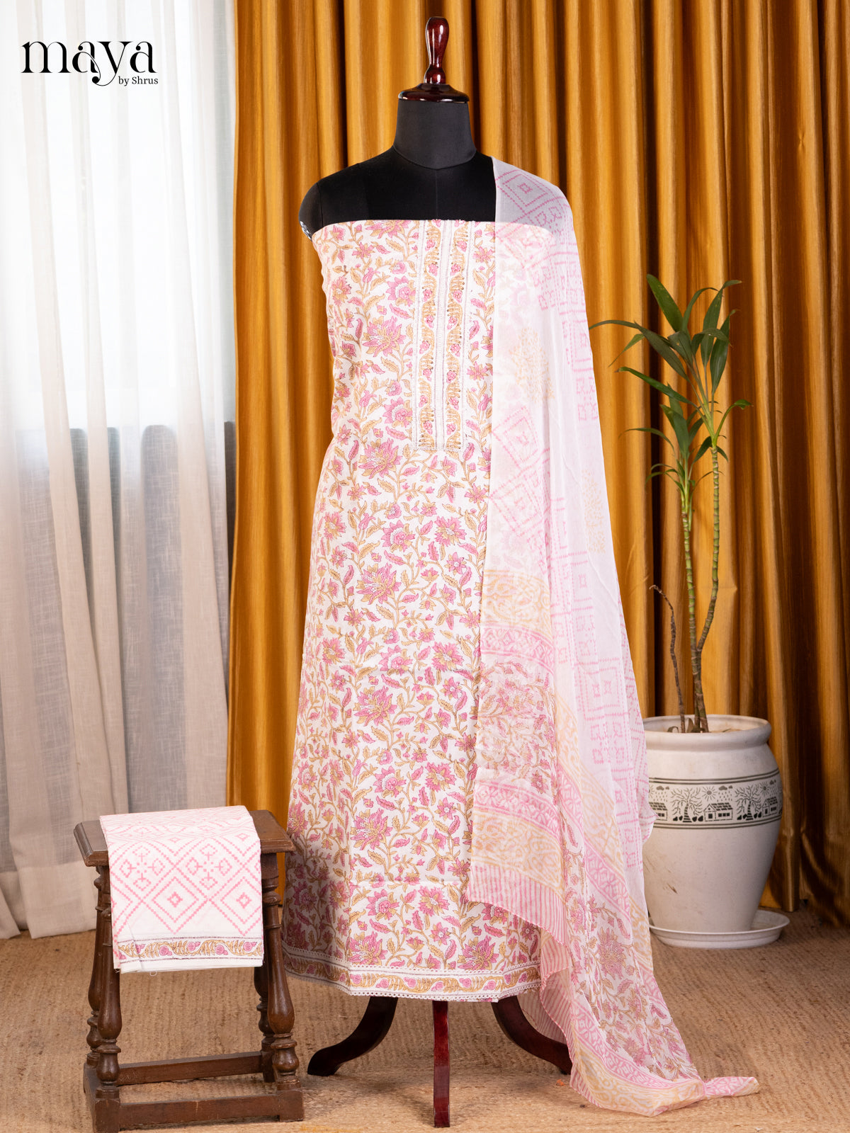 Cream &  Pink - Cotton salwar